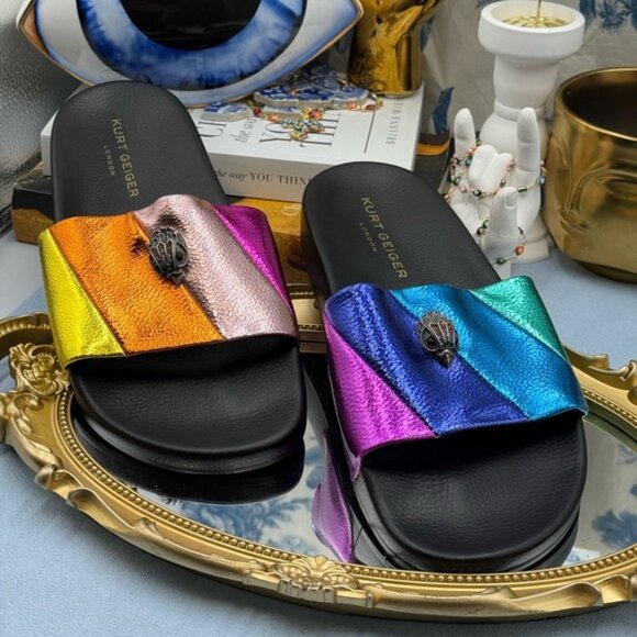 🆕 KURT GEIGER LONDON 🧿 NWOT Meena Eagle Metallic Pool Slide - Size 41 US 10 - Picture 5 of 13